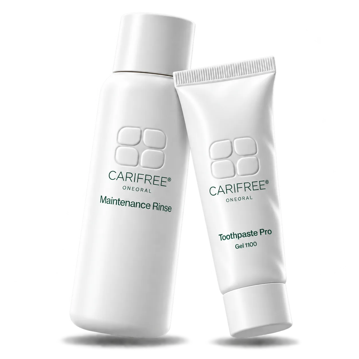 White Maintenance Rinse bottle leaning on a Toothpaste Pro Gel 1100 tube, both with embossed CariFree logos and small ONEORAL wordmarks