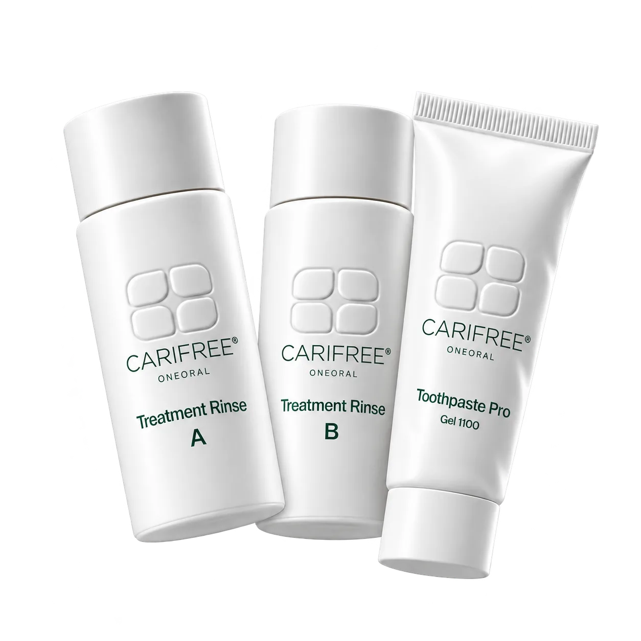 CariFree ONEORAL Treatment Rinse A and B bottles beside a Toothpaste Pro Gel 1100 tube