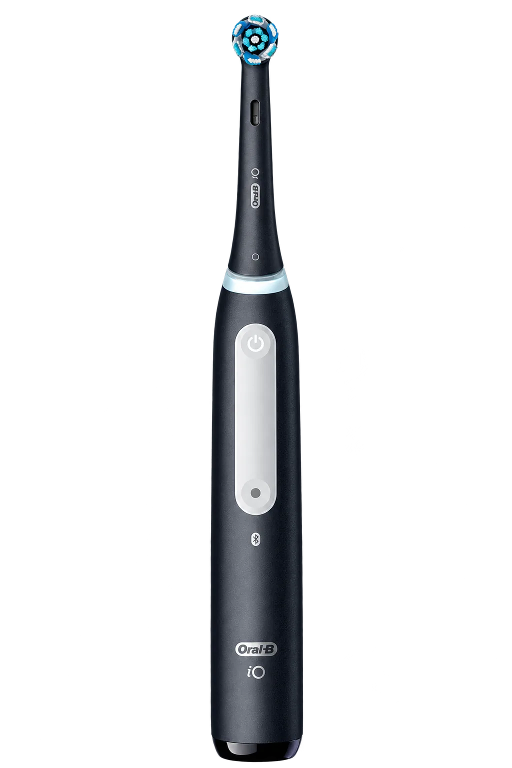 Photo-style black electric toothbrush with a small round brush head and white power-button panel