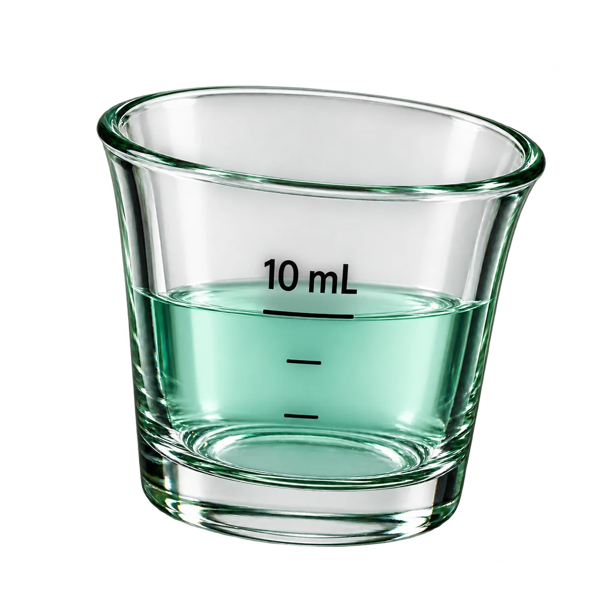 Clear glass rinse cup marked 10 mL holding a shallow pour of pale green rinse