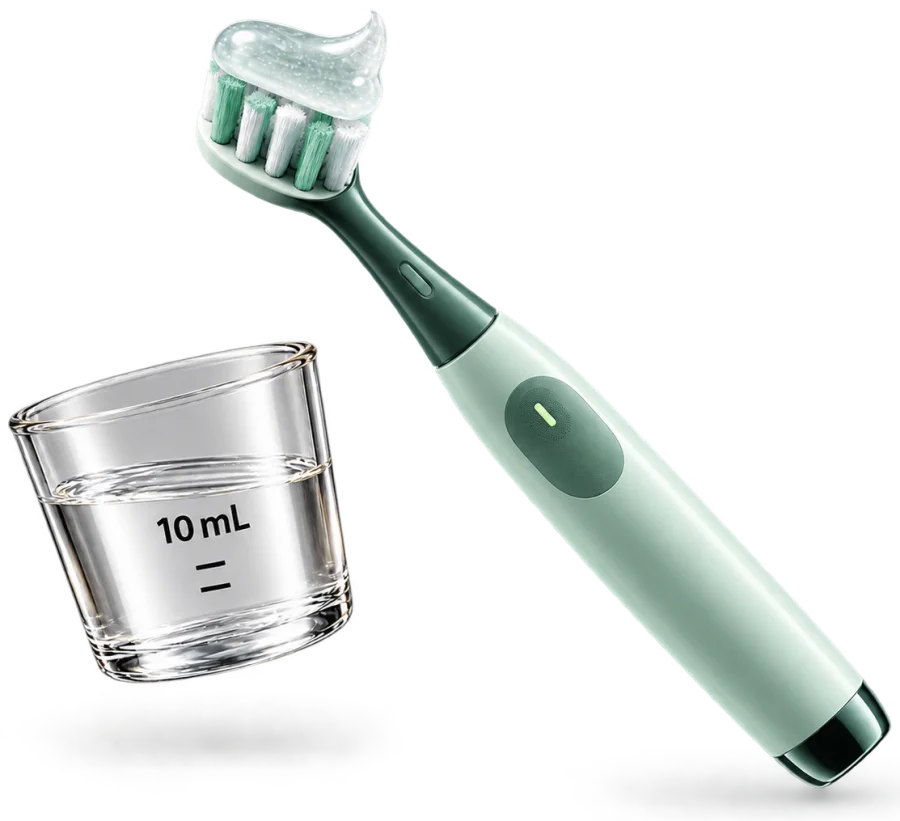 An electric toothbrush with gel across the bristles beside a clear 10 mL rinse cup