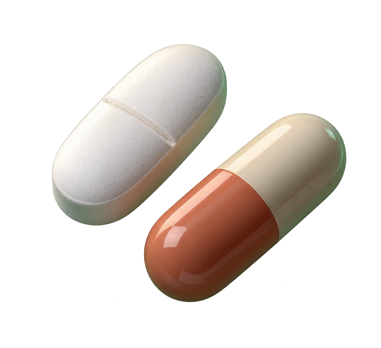 Illustrative generic white scored oval tablet beside an ivory and terracotta capsule
