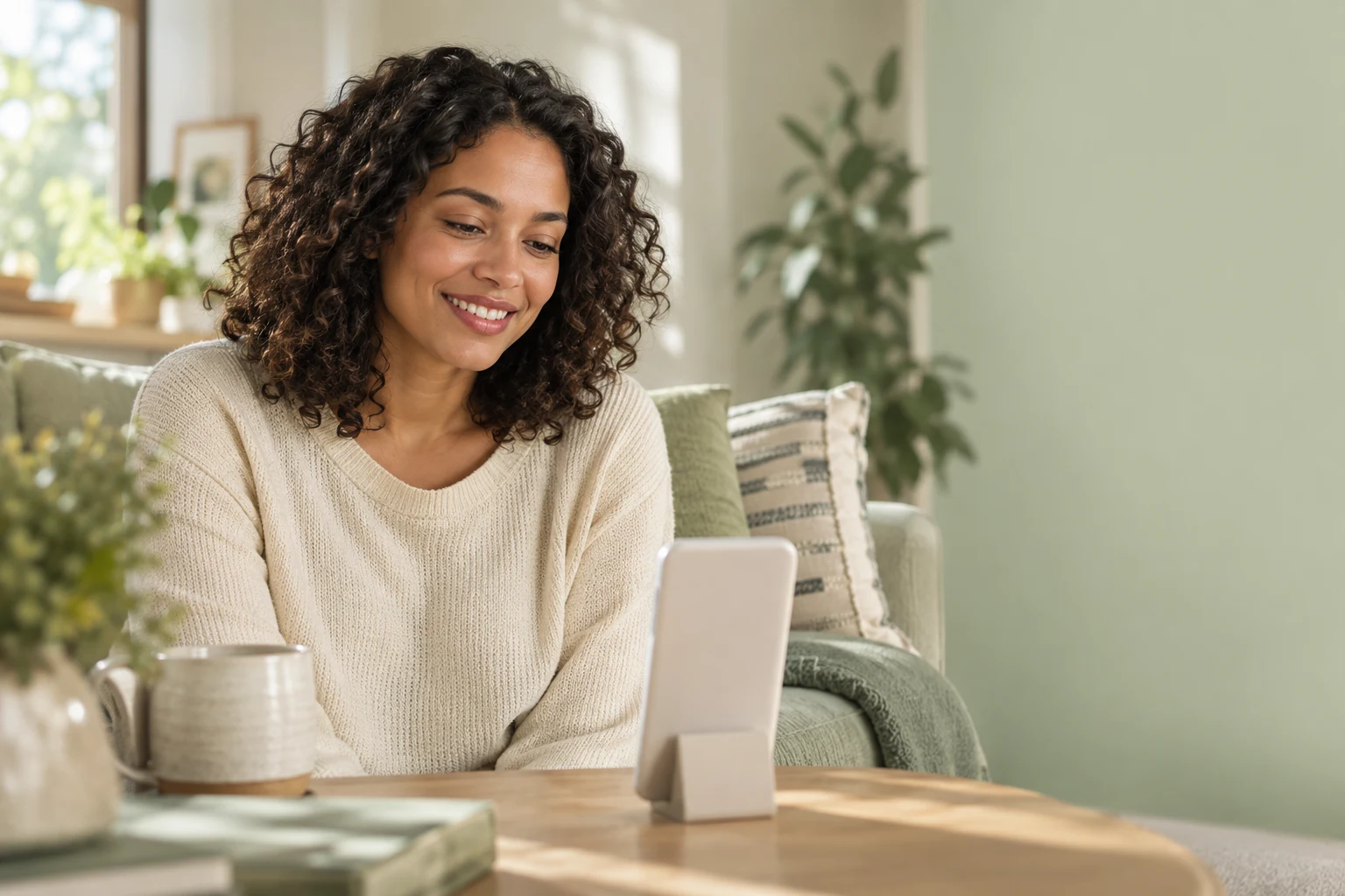 A woman comfortably talking toward a phone on a stand at home