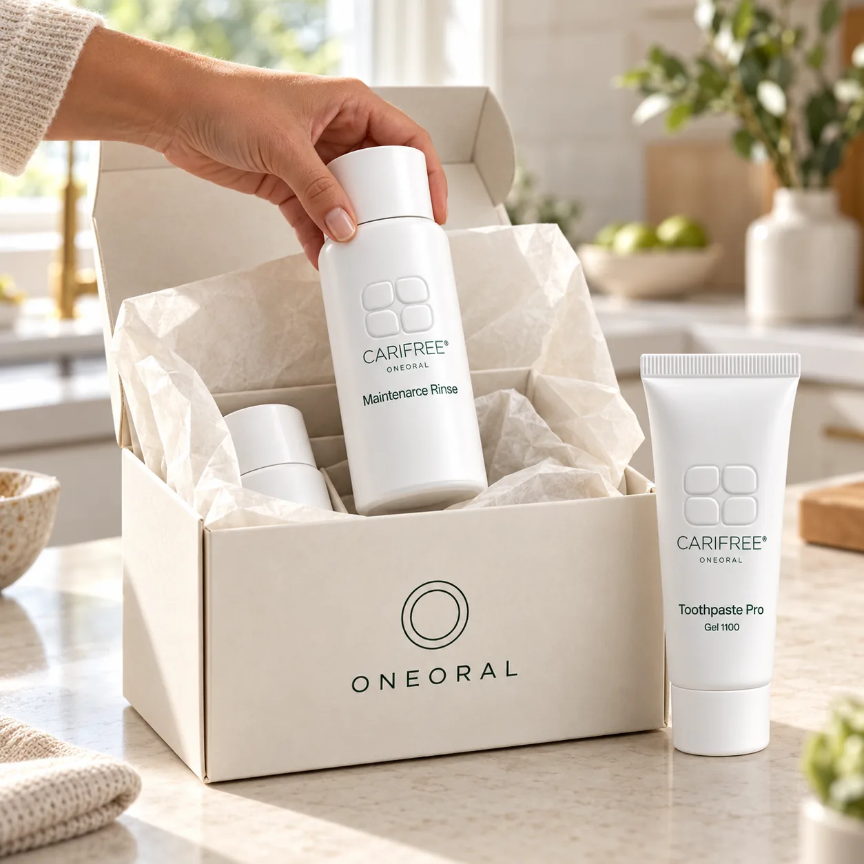 A hand lifting a CariFree Maintenance Rinse bottle from an ivory ONEORAL delivery box beside Gel 1100 toothpaste