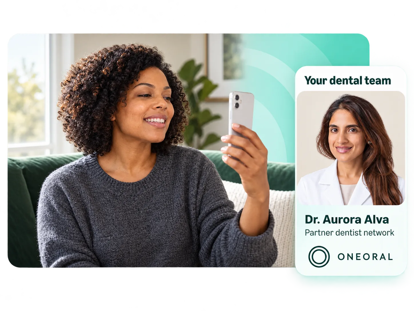 A woman using her phone at home beside a card featuring partner dentist Dr. Aurora Alva