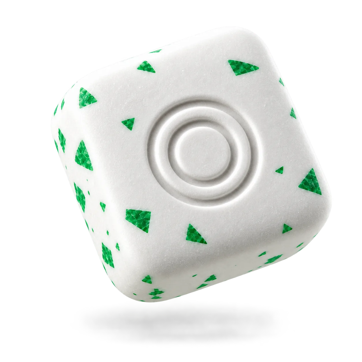 White rounded-square gum piece with green mint flecks and an embossed double-ring logo