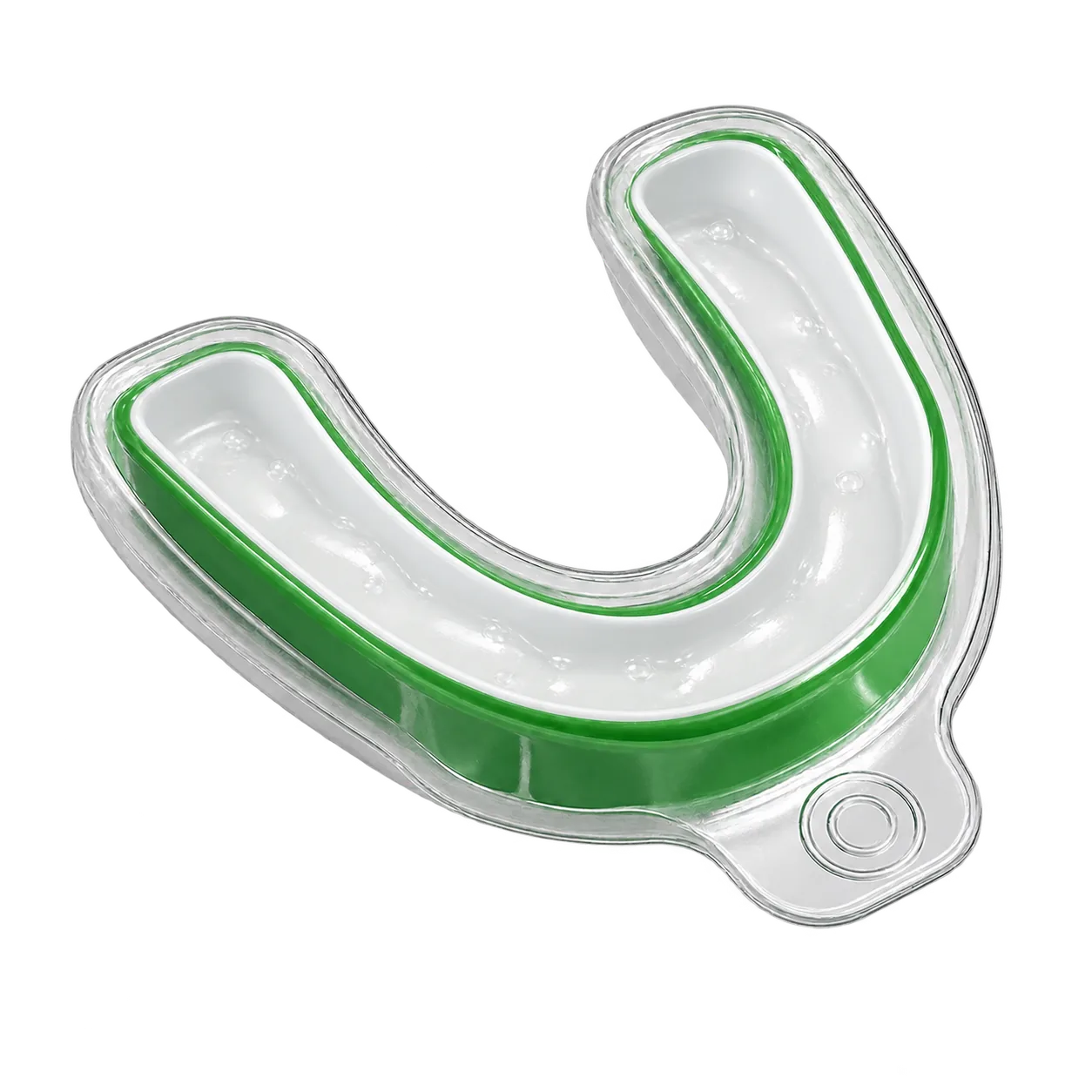 Green U-shaped whitening tray with a smooth white inner liner, glossy whitening gel, clear rim, and embossed double-ring tab