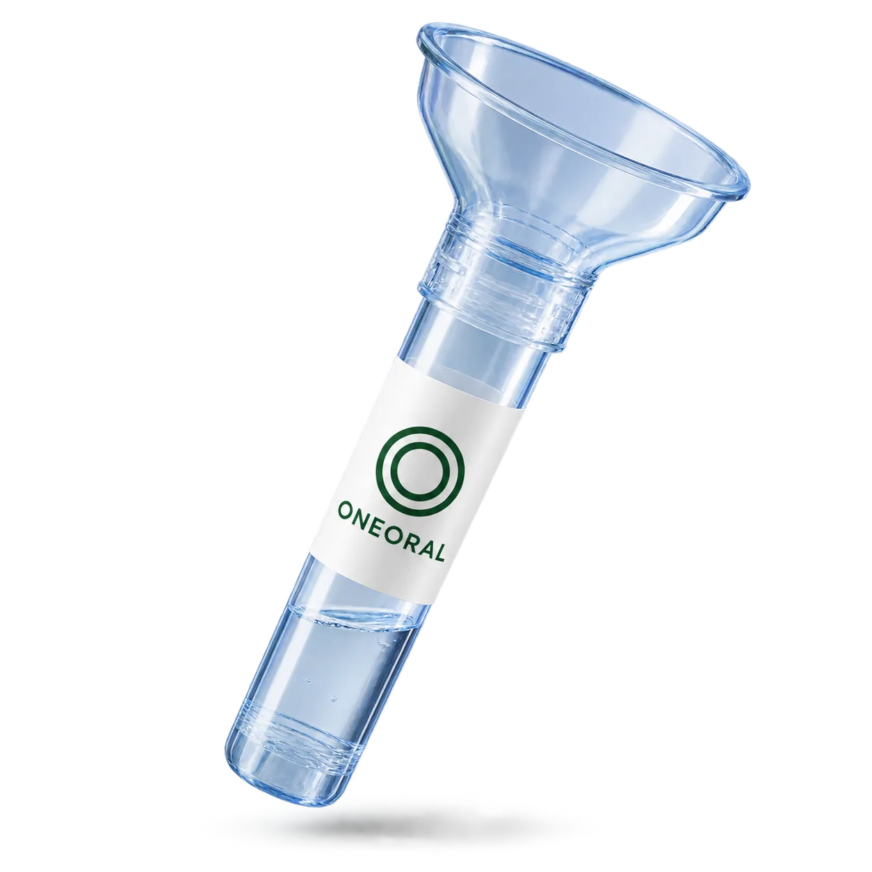 Clear saliva collection tube with a funnel, white ONEORAL label, and two green concentric rings, floating diagonally