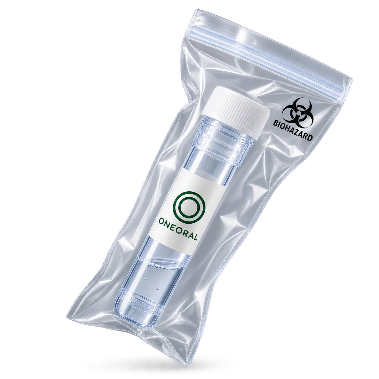 A capped ONEORAL saliva sample tube inside a sealed clear biohazard specimen bag