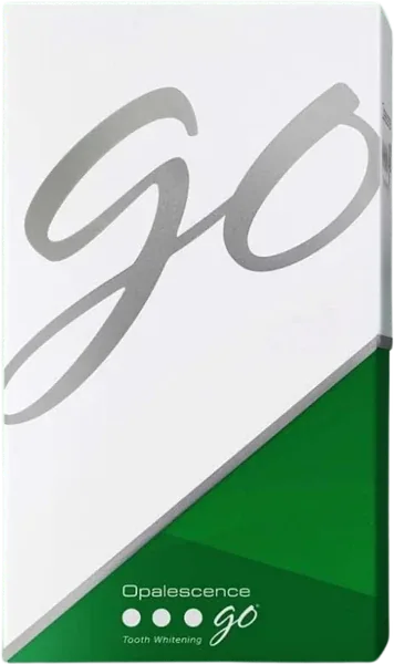 Opalescence Go tooth whitening box, white with a silver go script and a green lower corner
