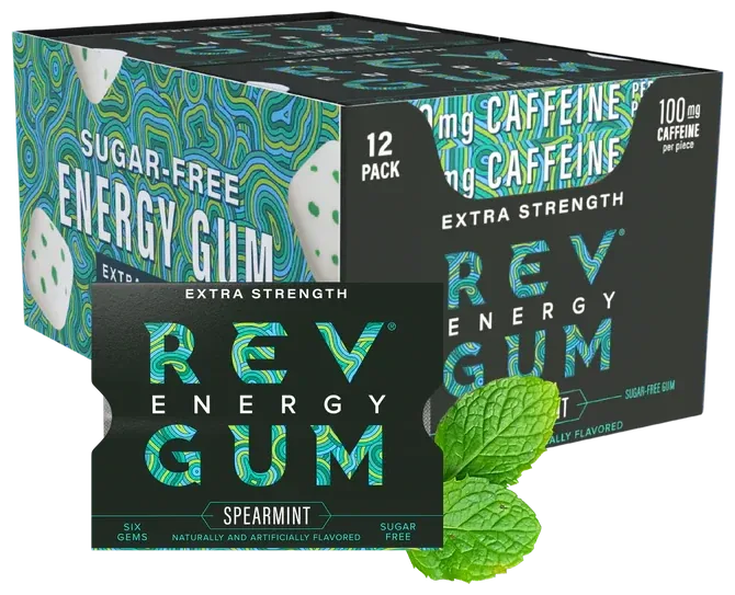 Rev Energy Gum spearmint carton and six-piece packet