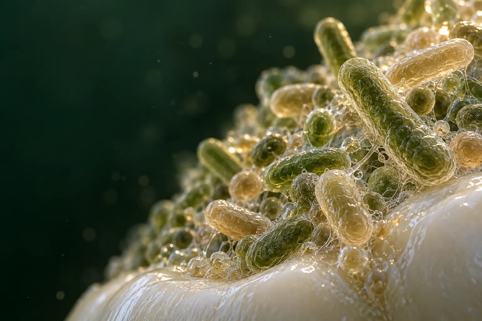 Conceptual macro illustration of translucent microbial forms in a biofilm on an enamel-like surface