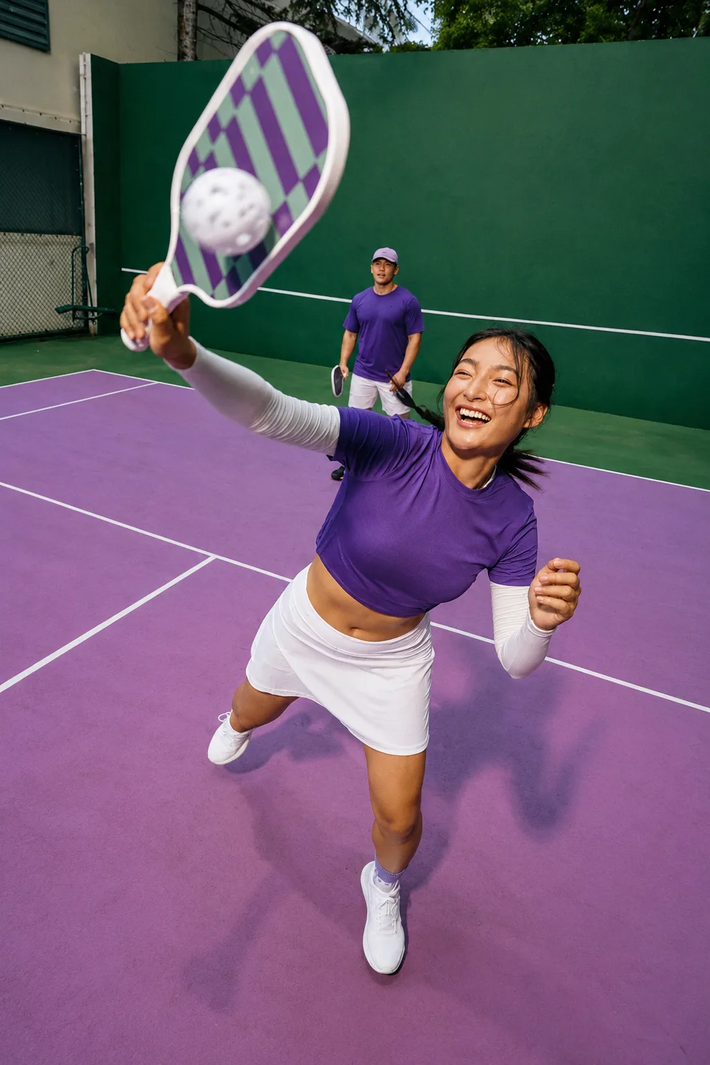 A pickleball player laughing mid-swing