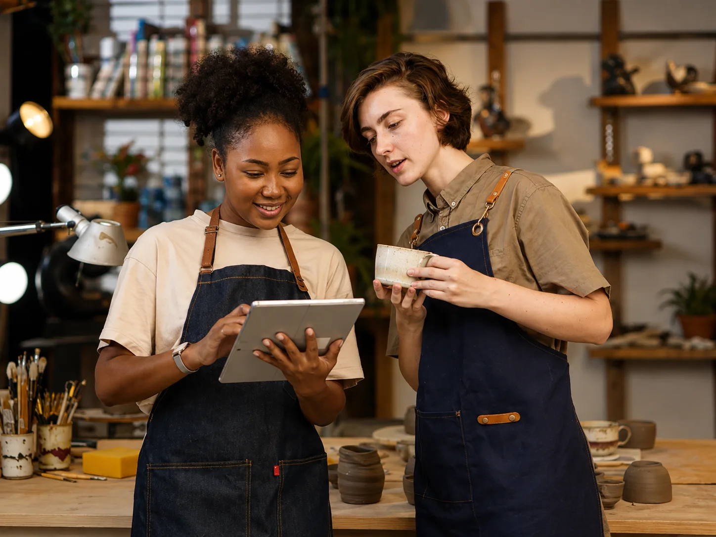 Two coworkers leaning in over a tablet together