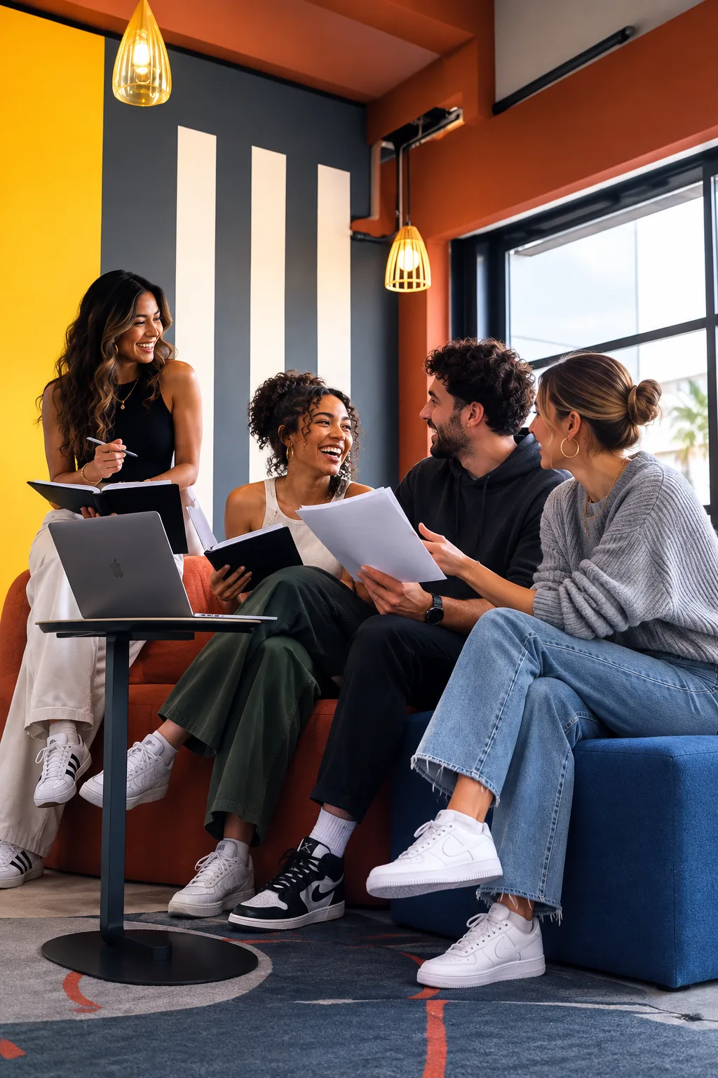 Coworkers laughing together during a meeting